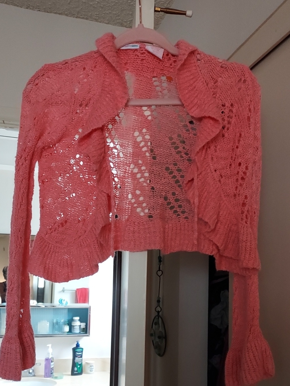 Mary Kate And Ashley Girl's Coral Open-Knit Ruffle Cardigan Sweater